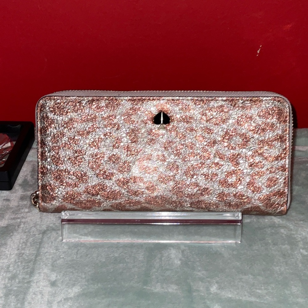 kate spade Rose Gold Glitter Leopard Zip Wallet